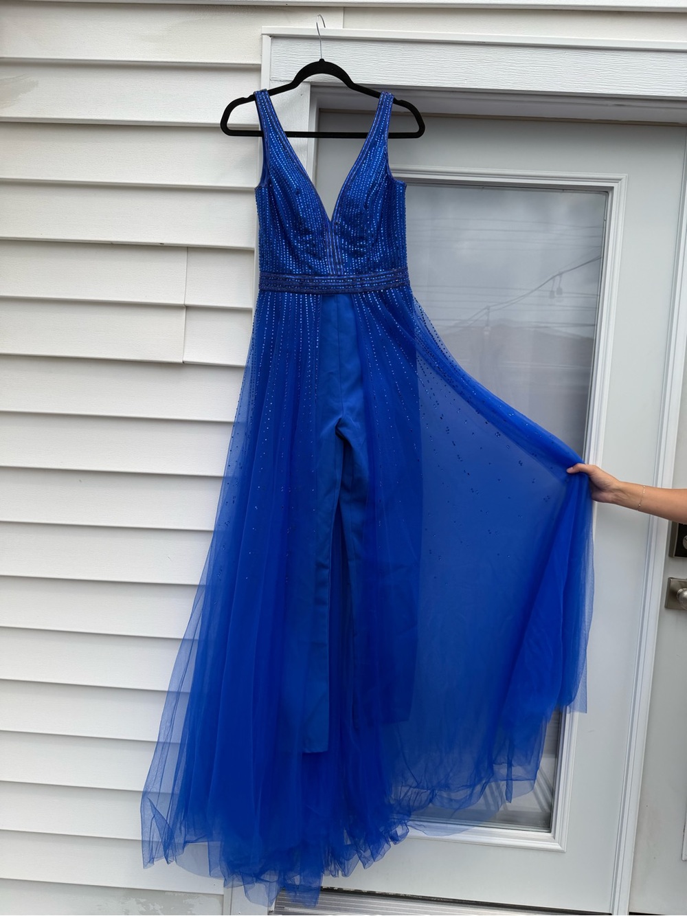 Mac Duggal Cobalt Blue Beaded Tulle Jumpsuit